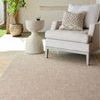 Birdie rug shown laid out in a bright room beneath a beige armchair and side table