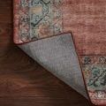 Corner of Heidi Spice Aqua Rug flipped to reveal textured underside and stitched edge