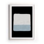 Abstract painting with black background and white and blue rectangles in whitewashed maple frame, floating against white b...