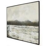 Side angle view showing the painting's black maple floater frame and textured canvas