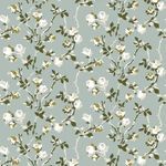 Close-up showing detailed white roses and green thorny vines pattern on ash blue matte wallpaper