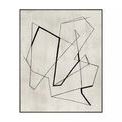 Abstract black and white painting with overlapping angular lines on a textured light gray background in a thin black frame