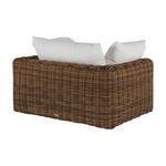 Right rear angled view highlighting thick back and side cushions on woven frame