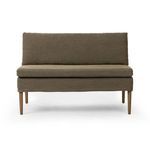Broadway olive upholstered dining banquette with solid oak tapered legs, straight back cushion, and simple silhouette