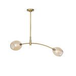 Artemis Natural Brass Double Pendant featuring an arched brass arm with two champagne glass globes at each end