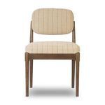 Esther Dining Chair with brown oak frame and beige linen-cotton blend pinstripe cushioning, armless and cushioned seat and...