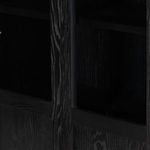Close-up of glass panels framed by ebony oak wood on cabinet doors