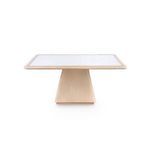 Front view of the square light oak coffee table with white rattan inset tabletop