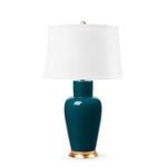 Kylie Lamp table lamp in dark teal glazed porcelain with white fabric shade and gold-tone base