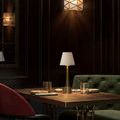 Saunter Brass Cordless Table Lamp styled on a wood table in a cozy dark-walled room with green sofa and red chairs