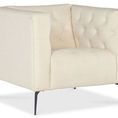 Nicolla Stationary Chair in Baldwin Natural fabric with chesterfield-inspired tufting and matte black tapered metal legs