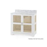 Ariel 2-Door Cabinet with white lacquered frame and handwoven bleached cane panels, polished nickel pulls on two doors