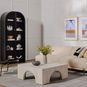 Breya cabinet displayed in modern living room with sofa, accent chair, and art