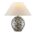 Minnows Blue Table Lamp lit, emphasizing the soft glow through the flared empire shade