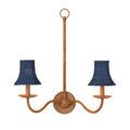 Side angle view of double Bell Indigo shades on a curved wooden wall sconce with visible light sockets
