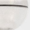 close-up of textured clear glass and metal band detail on spherical pendant light