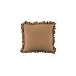 Square Betty Cushion pillow in warm brown linen-blend fabric with soft ruffled edges and plush feather insert