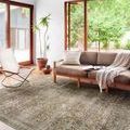 Rug laid out in a sunlit room with large windows, wood floor, and neutral sofa with throw blankets