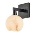 Side angle of sconce highlighting square oil-rubbed bronze backplate and arm holding alabaster globe