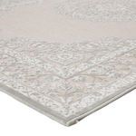 Close-up corner view showing high-low textured floral and scroll border in gray and white