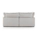 Back view showing two large back cushions and smooth upholstery with no visible legs