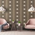 Wallpaper installed in seating area with two pink armchairs, white pendant lights, and sleek side tables