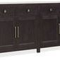 Driftwood Buffet in Burnt Timber finish with dark wood grain, four soft-close doors and four drawers, stone inset top
