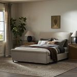 Side of headboard with fabric seam detail and timber support beam under slats
