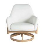Front view showing wide white vinyl seat and armrests with light wood base