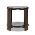 Top-down view of two tier end table showcasing dark wood grain and four pegged joints