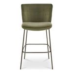 Early bar stool with olive green faux mohair seat and curved back on blackened bronze slim metal frame
