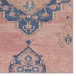 Close-up detail of blue and tan floral medallion with visible woven fibers