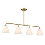 Linear chandelier shown from a side angle highlighting soft illumination from glass shades