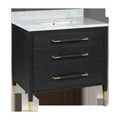 Verona vanity angled slightly left showing three black linen drawers with gold hardware and marble top