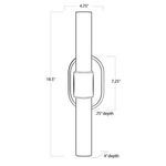 Technical line drawing of sconce with dimensions showing height, width, and depth