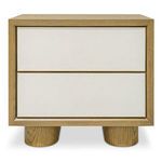Marcelle nightstand frontal view closeup emphasizing oak wood legs and framing