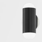 Kira 2 Light Wall Sconce with polished nickel backplate and black cylindrical body housing frosted white glass diffusers t...