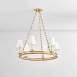 Swanton Chandelier suspended from ceiling showing full fixture with four chains and five lampshades against white wall