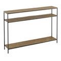 Angled side view presenting the console table’s slim profile and the spacing between fixed shelves