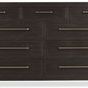 Front view highlighting symmetrical drawer layout and linear metal handles on Driftwood dresser