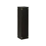 Tall rectangular pedestal table with charred pine finish, brass corner accents, and a smooth top