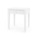Claudette 1-Drawer Side Table in white washed lacquered linen with tapered legs and single round metal knob