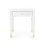 Front view of Claudette side table showing square drawer with gold knob centered
