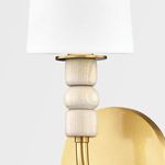 Casey 1 Light Wall Sconce with aged brass finish, white tapered fabric shade, and stacked wooden beads detail
