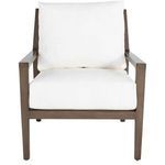 Front view of lounge chair without cushions, showing woven raffia back and seat