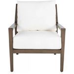 Straight on front view of chair featuring white cushions and brown wooden frame