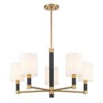 Chandelier front angle with warm brass finish and unique veining patterns in black marble