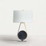 Emerald Ceramic Table Lamp in black marble with antique brass frame and rectangular white linen shade