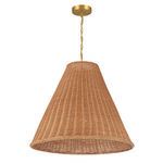 Bell-shaped pendant light handwoven from natural rattan with warm brown tone and brass ceiling mount
