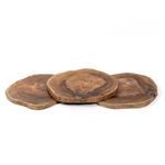 Front view of three round teak trays aligned flat showing unique grain and shape differences